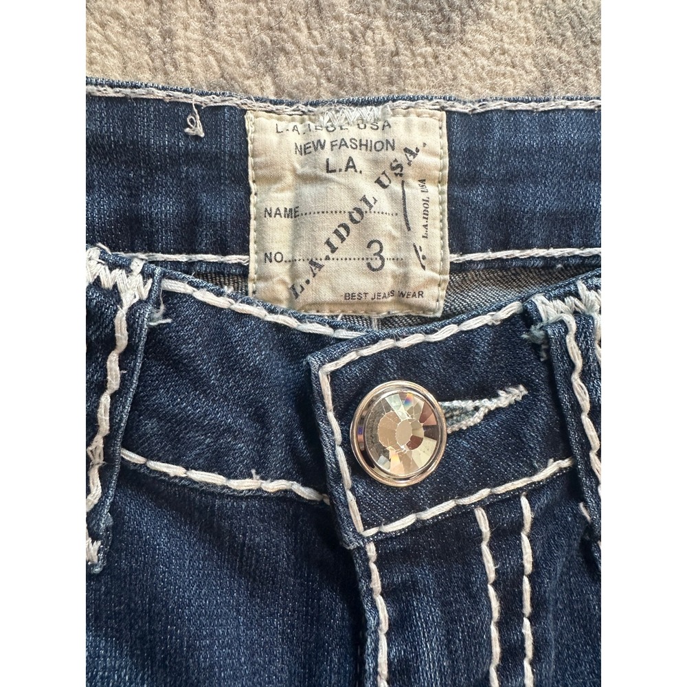 LA Idol USA Cropped Jeans Womens Low Rise Zip Fly Contrast Stitch- Size 3 - Picture 2 of 12